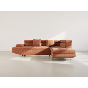 Margaux - Canapé d'angle droit 5 places convertible avec coffre et têtières réglables en velours texturé - Terracotta