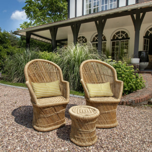 Lot de 2 fauteuils en bambou naturel avec deux coussins beiges ZAMZEBE