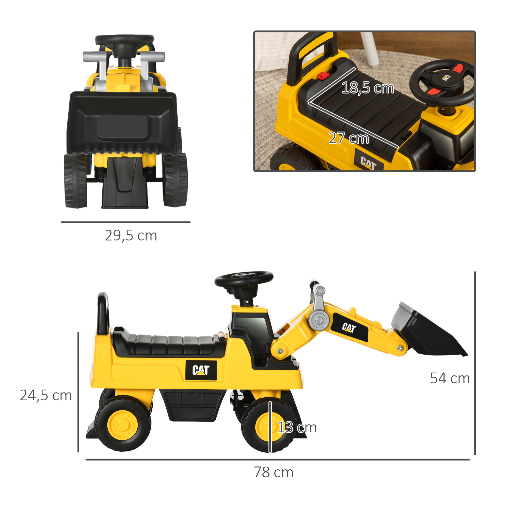 Tractor Correpasillos con Licencia Caterpillar Excavadora para Niños de 18 a 36 Meses con Pala Delantera y Bocina Carga 25 kg 78x29,5x54 cm Amarillo