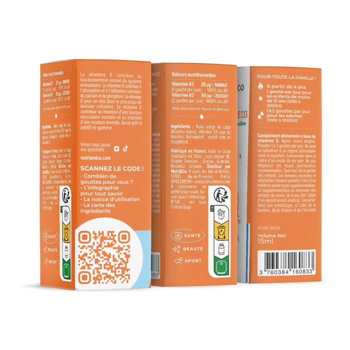 Nutri&Co Vitamine D3 issue de Lanoline - 1000 U.I par Goutte - 15ml