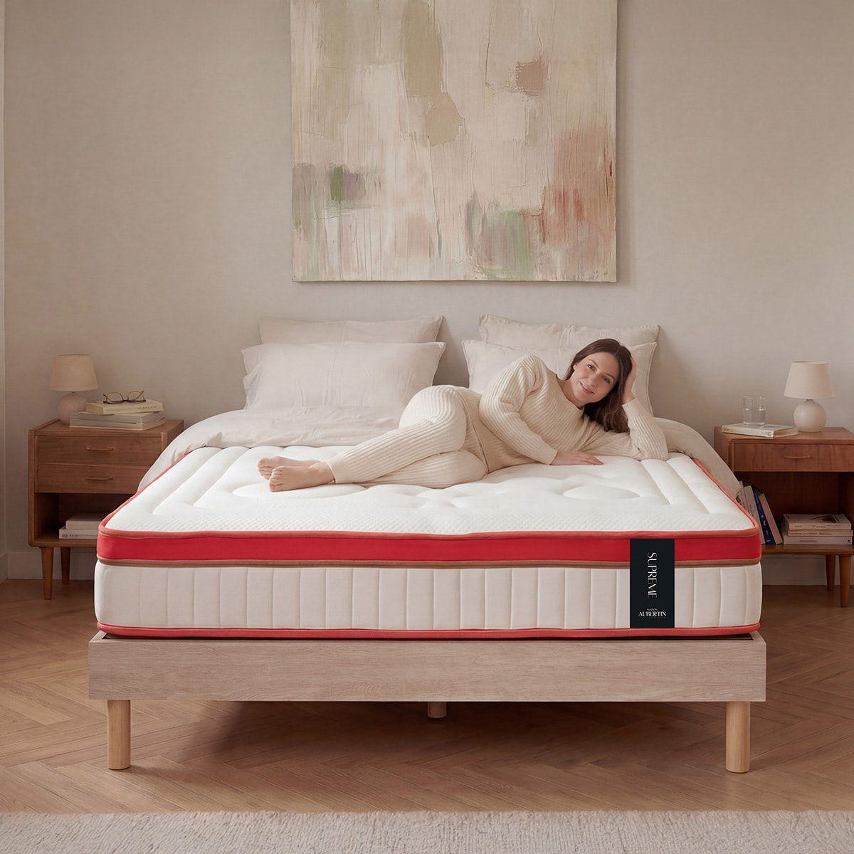 Ensemble Matelas Suprême & Sommier Kit Bois, Mémoire de Forme & Mousse Haute Densité, 24 cm, Soutien Ferme, Aération Optimale