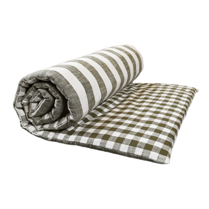 Édredon réversible coton flammé motifs rayures et vichy LOURMARIN - Kaki