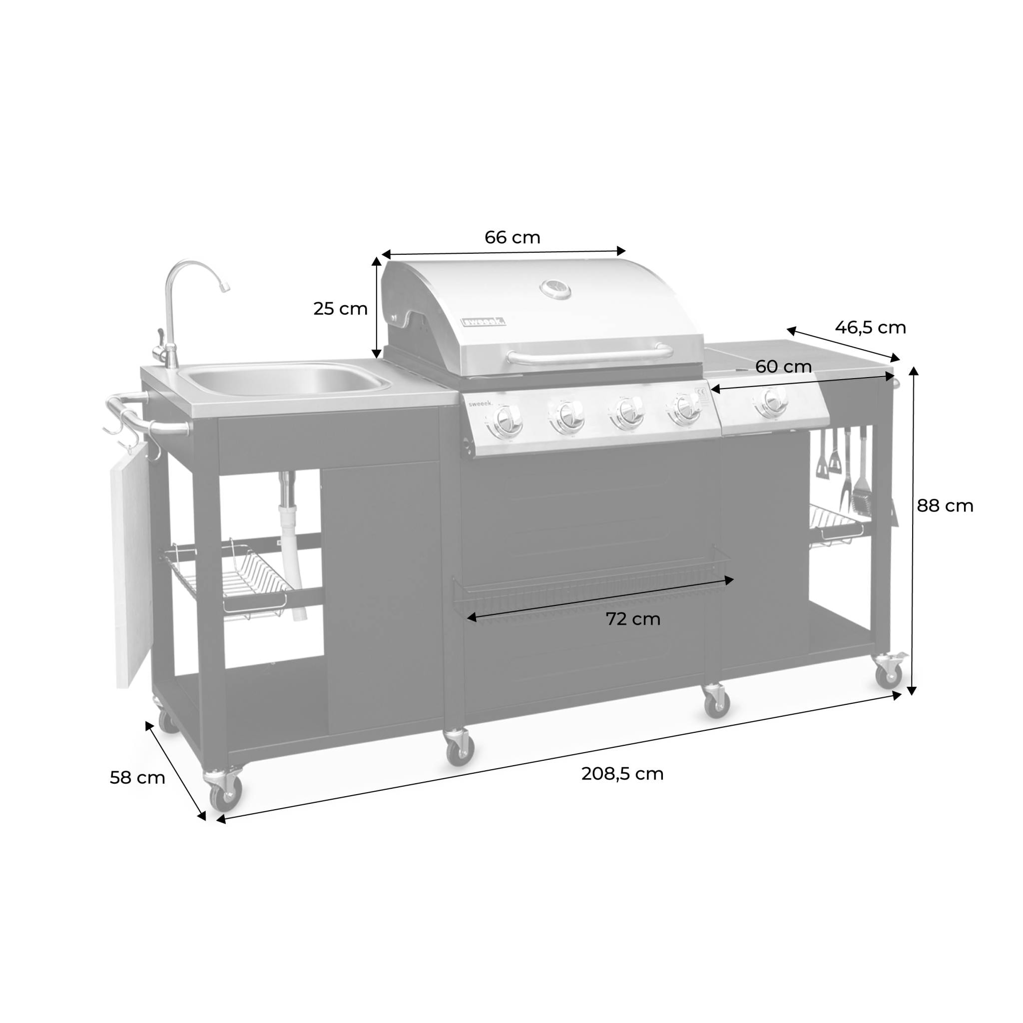 Barbecue gaz 4 brûleurs + 1 feu latéral, cuisine d'extérieure avec évier avec housse D'ARTAGNAN AVEC HOUSSE