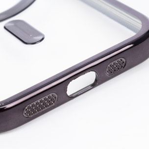 Carcasa transparente con cámara cubierta, bordes negros, antichoque y antihuellas. Magsafe para iPhone 16e.