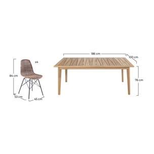 Table et chaises de jardin 8 personnes en bois de teck, résine tressée - Tiptur