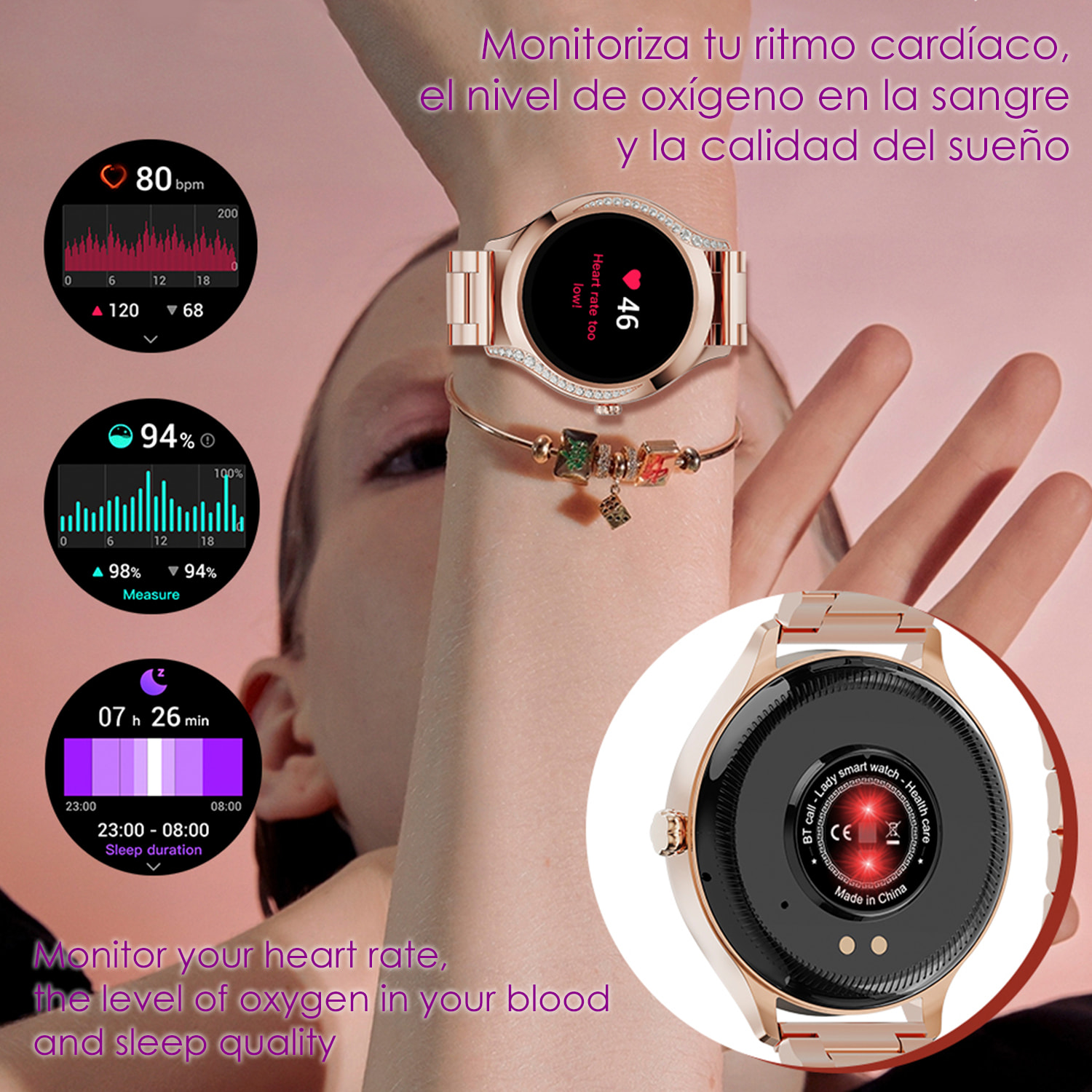 DAM Smartwatch T214 compacto y elegante. Llamadas BT, notificaciones push. Monitor de salud, ciclos femeninos. Modos deportivos. 4,1x1,1x4 Cm. Color: Plata