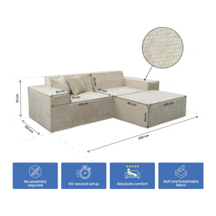 Canapé droit modulable avec ottoman en tissu texturé "Lusso" - 3 places - Beige
