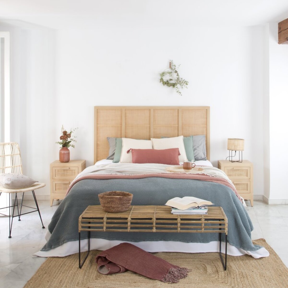 Table de chevet Pandora -bois massif d'acacia, panneau mdf et placage naturel-couleur naturel 42 x 55 x 35 cm