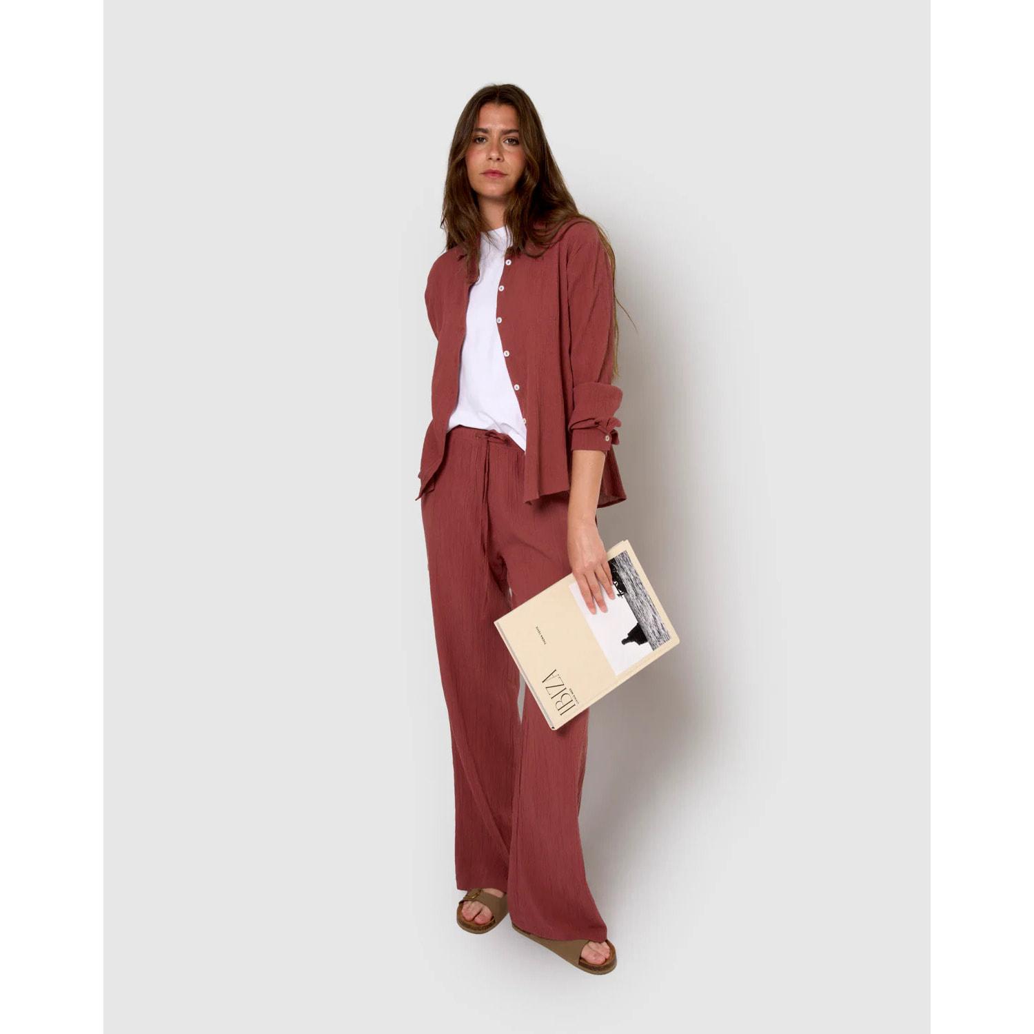 Pantalón algodón lino malva/rosa