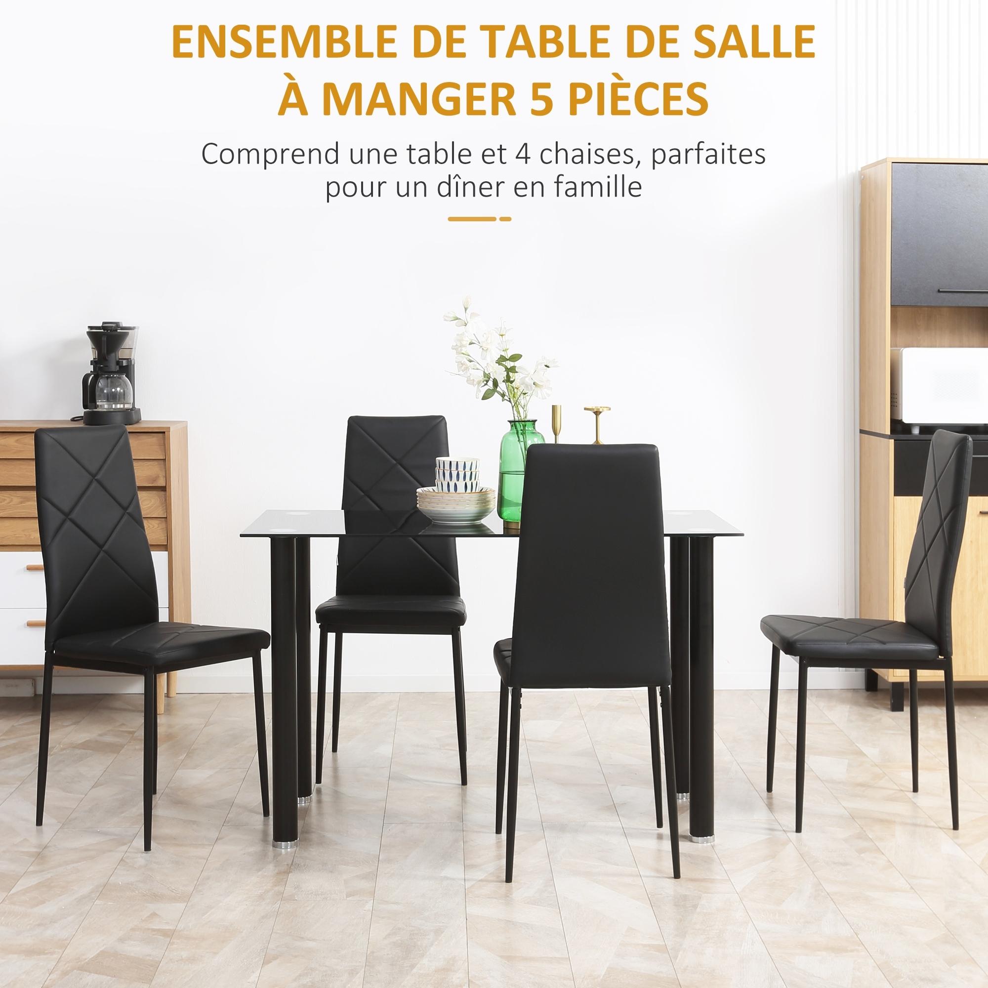Homcom - Table de salle à manger avec 4 chaises design contemporain  Chesterfield acier plateau verre trempé PVC effet capitonné noir