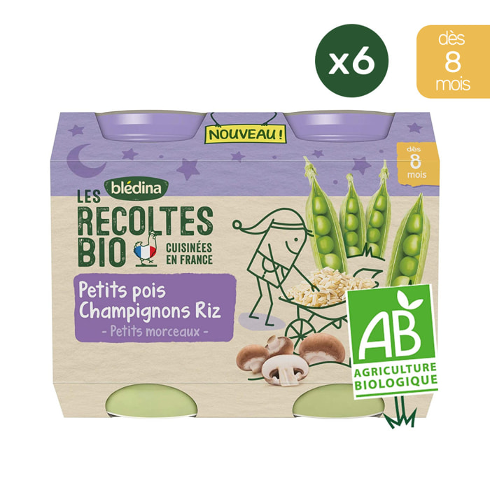 12 Petits Pots Petits Pois, Champignons, Riz 6x(2x200g) - Les Récoltes Bio Dès 8 Mois