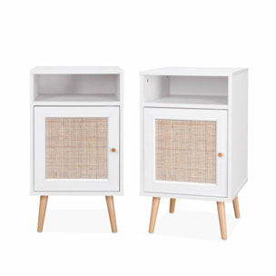 Lot de 2 tables de chevet en cannage - Bohème - 40x39x65.8cm Blanc  - 2 niveaux - 1 portes - 1 espace de rangement - pieds scandinaves