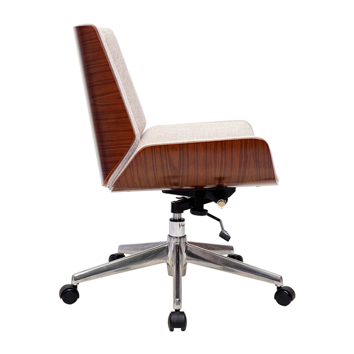 Chaise de bureau à roulettes design en tissu effet velours texturé beige, bois foncé et acier chromé CURVED