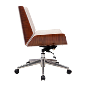 Chaise de bureau à roulettes design en tissu effet velours texturé beige, bois foncé et acier chromé CURVED