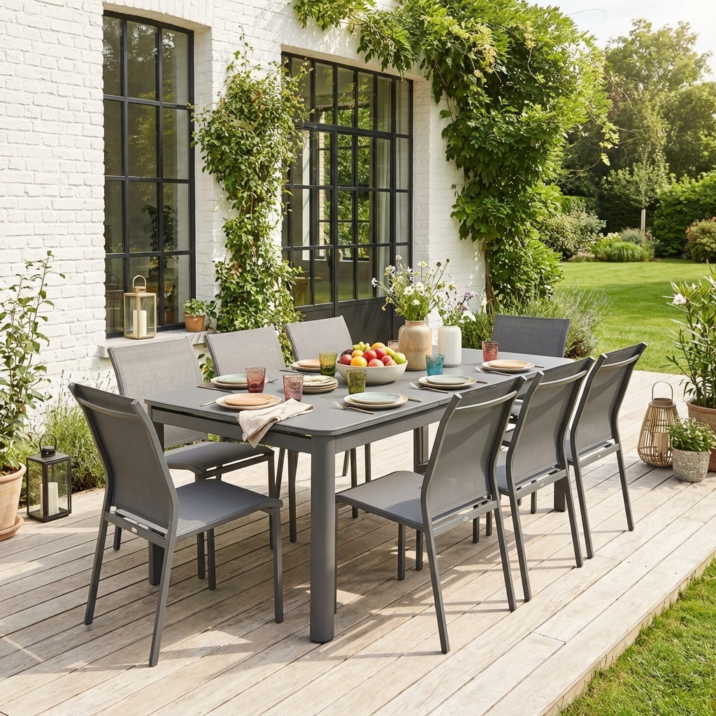 Table de jardin extensible aluminium + 8 assises SORIA + BUFFALO