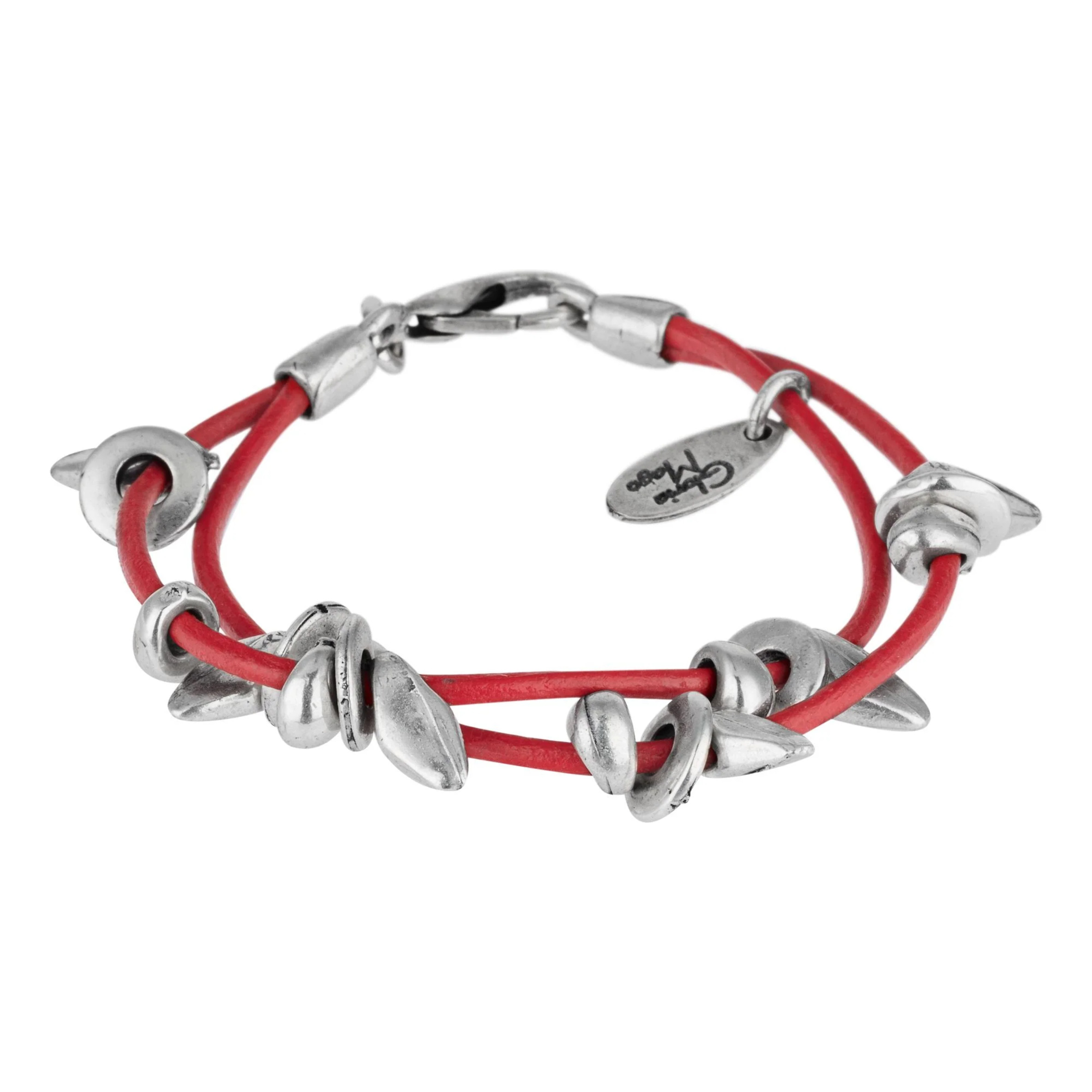 Pulsera cuero rojo doble tira plata chapado