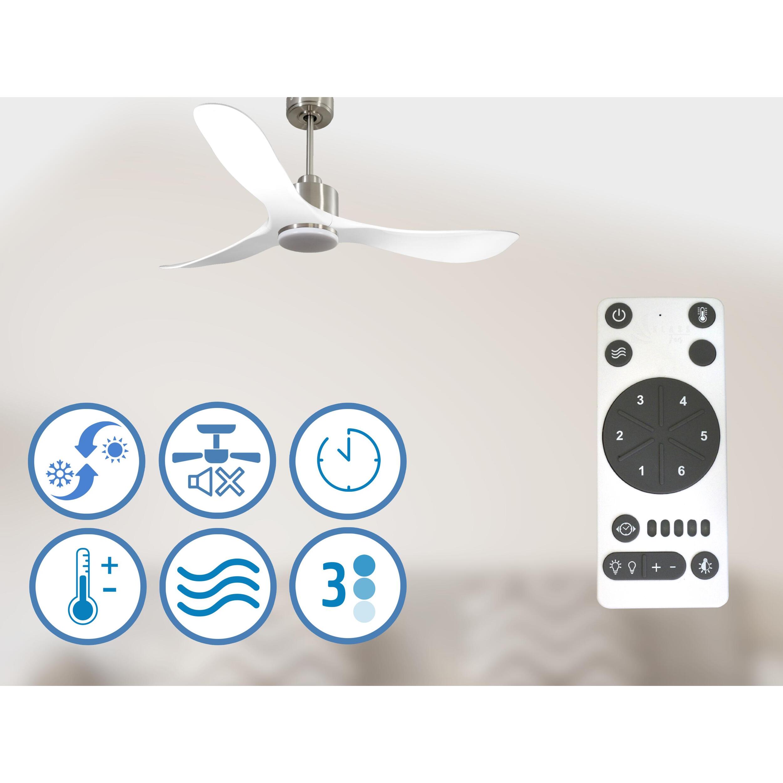 Ventilador de techo Reversible Termostato Dimable Wifi Motor DC Techos Inclinados Mando a Distancia Luz tres tonos Hypersilence Memoria TongaD132C03LED65041 PURLINE