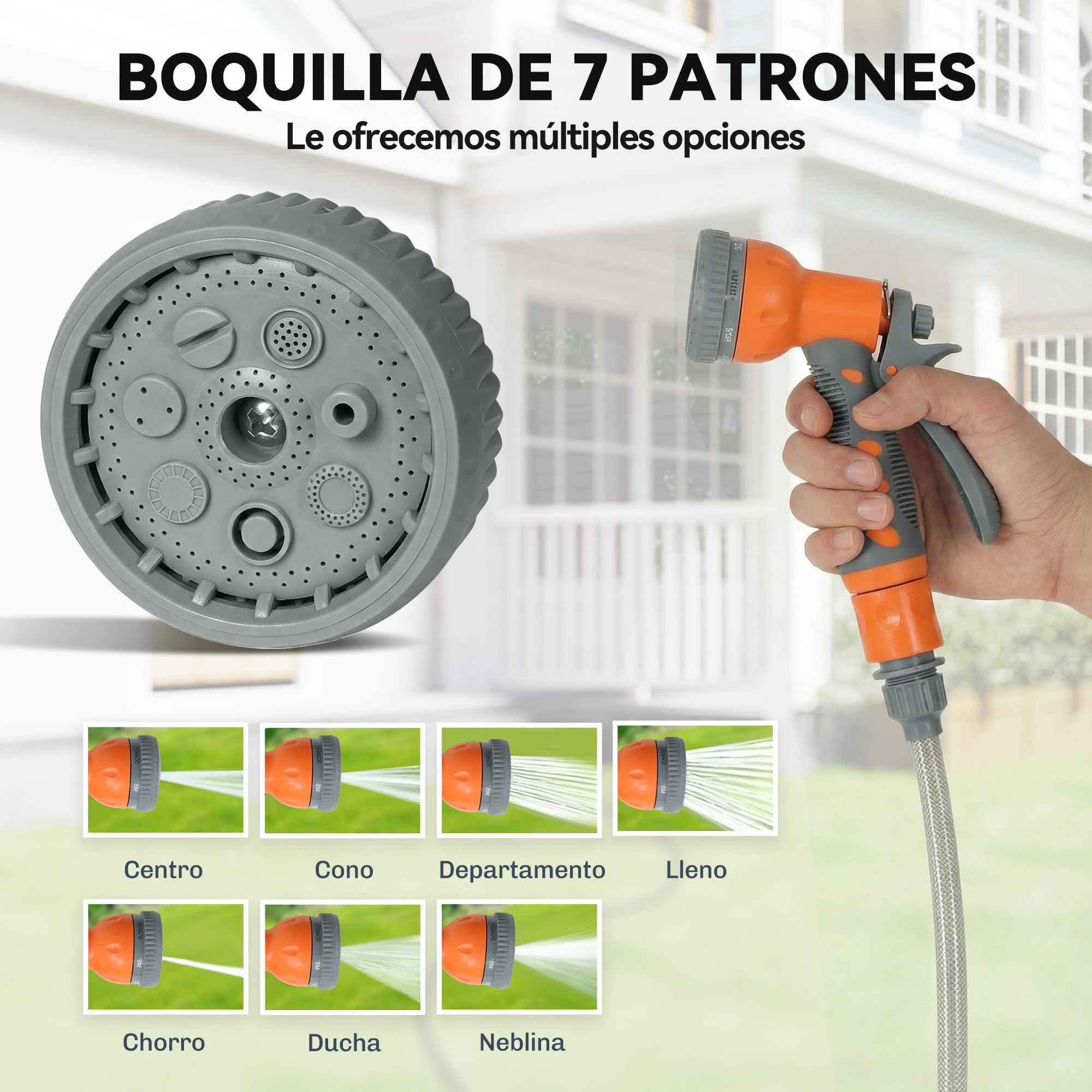 Enrollador de Manguera para Jardín 10+1 m con Boquilla de 7 Funciones, Carrete de Manguera de Jardín de Pared, Giratorio 180°, con Retorno Enrollado Automático, Gris Oscuro y Naranja