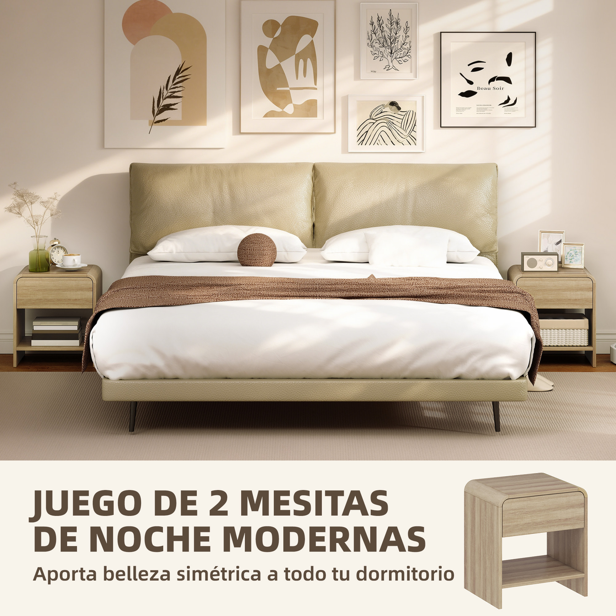 Juego de 2 Mesitas de Noche Nórdicas, Mesillas de Noche con Esquinas Redondeadas, Cajón y Estante Abierto, Mesita Auxiliar para Salón, Dormitorio, 40x35x45 cm, Natural