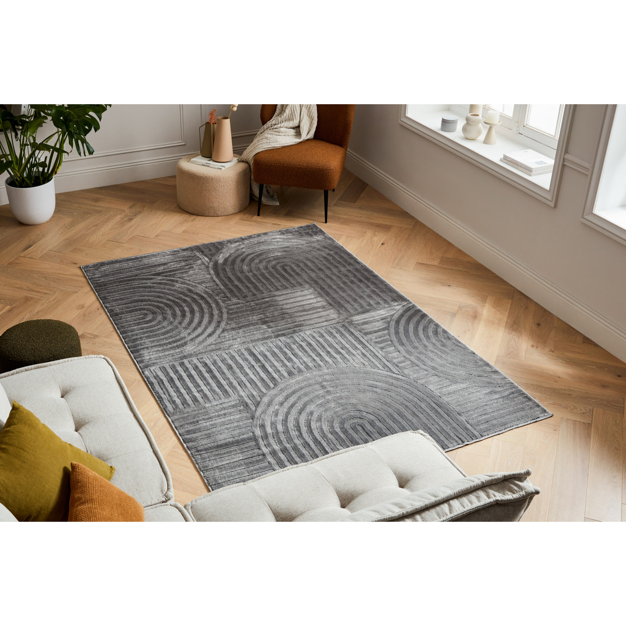 BLOOM - Tapis poils ras motif géométrique en relief - Gris