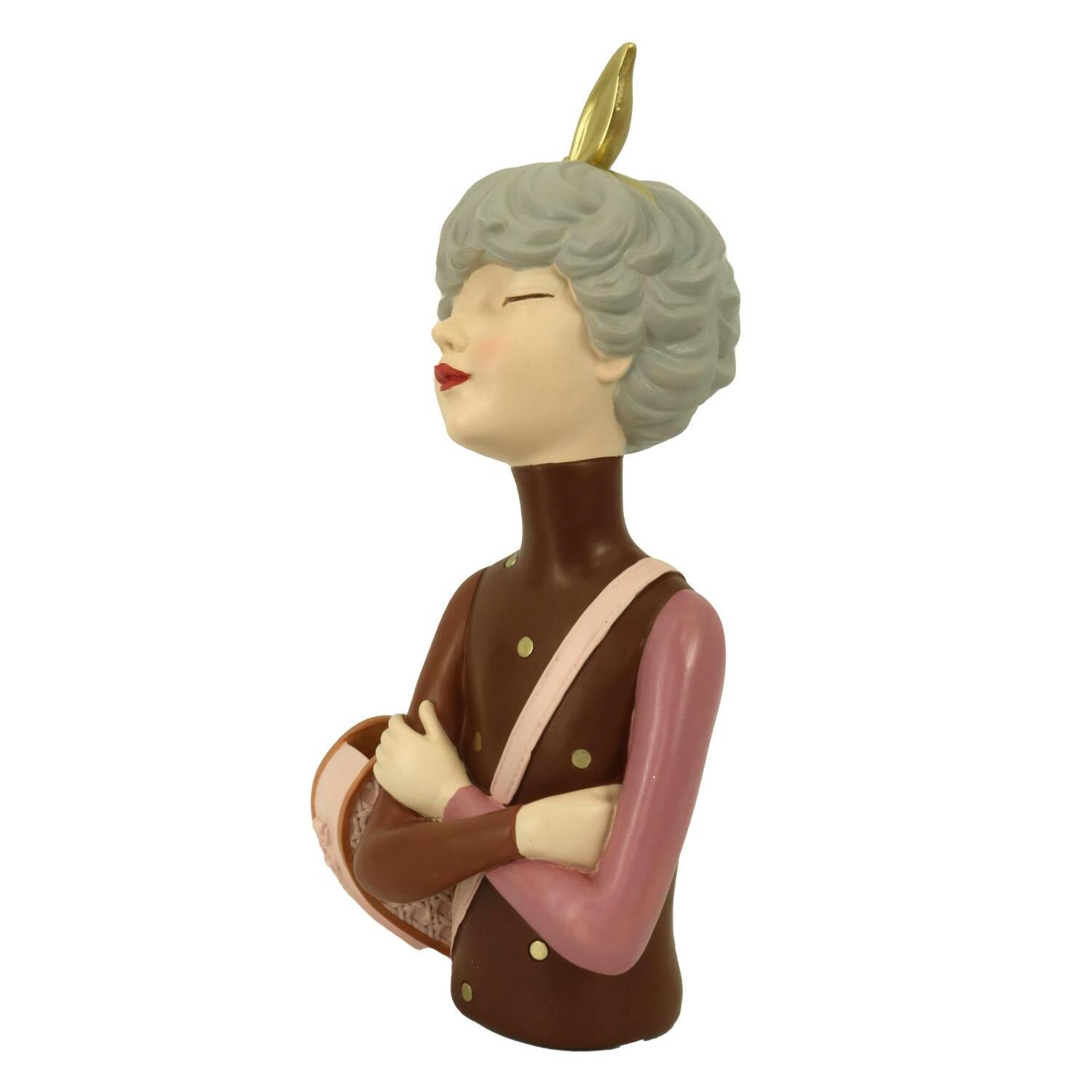 Donna in resina con borsa portafiori marrone cm17x13h35