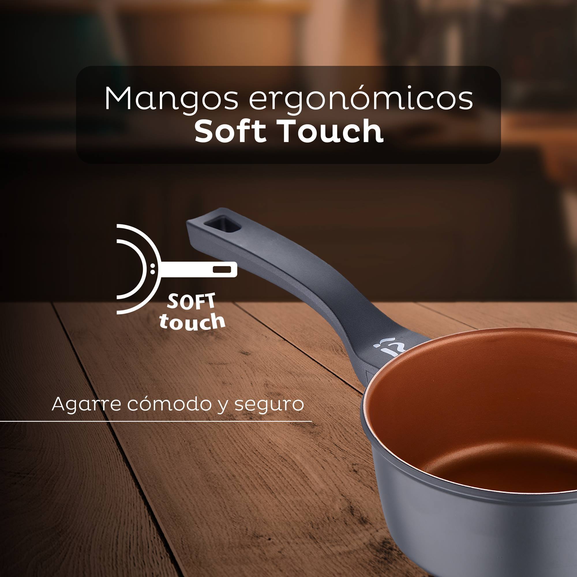 Batería de cocina san ignacio bronze 6pzs - cacerola 24cm con tapa+2x cazo 16cm+sartenes ø20ø24cm+grill 28cm - aluminio fundido apto inducción