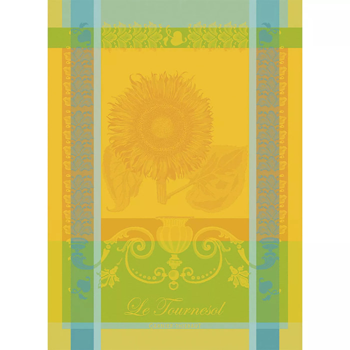 Torchon pur coton motif jacquard jaune Le tournesol soleil