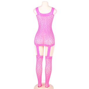 Bodystocking de red con estampado de leopardo y liguero en color rosa