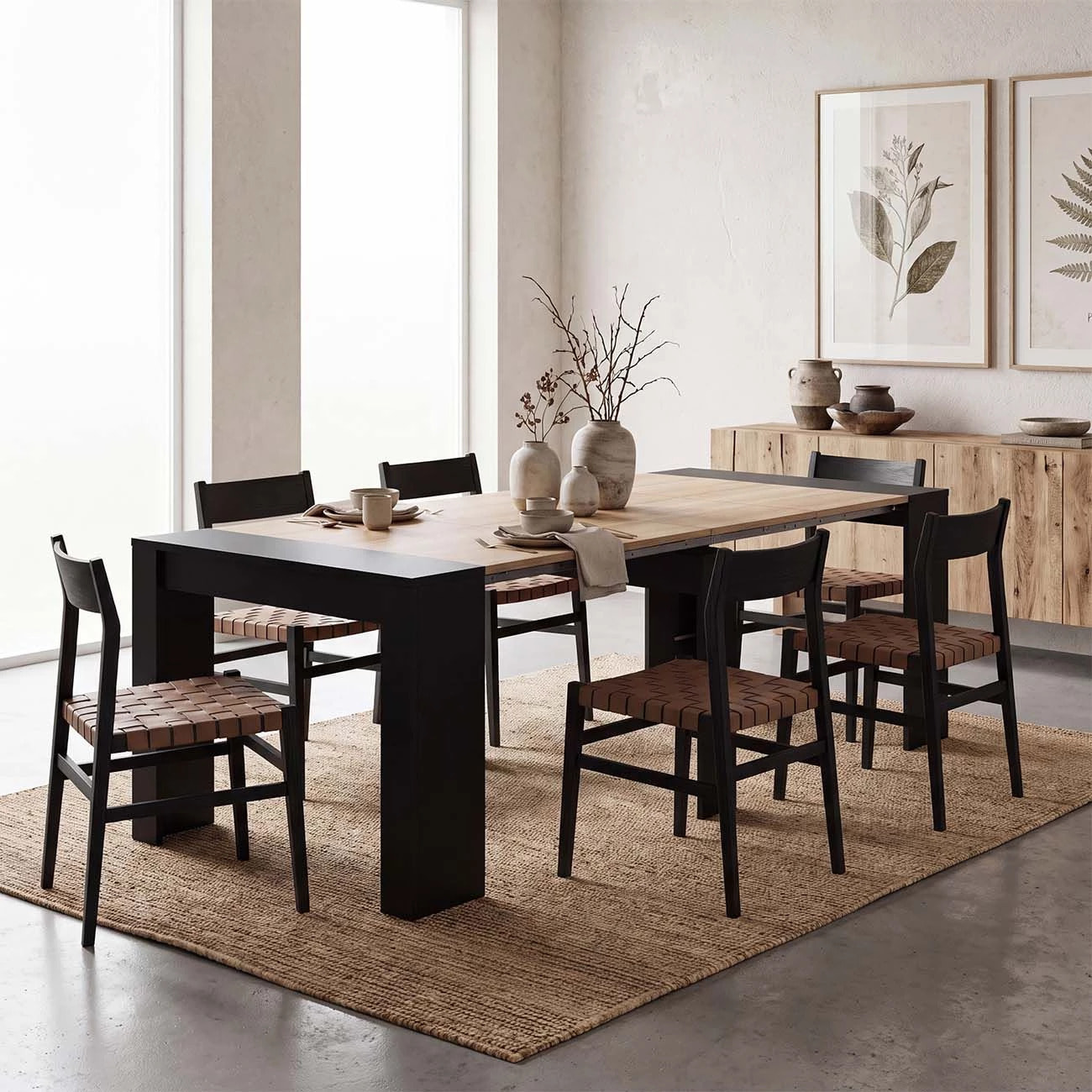 Mesa consola extensible en negro mate y roble canadian 50-235x90 cm Denis Negro Mate - Roble Canadian