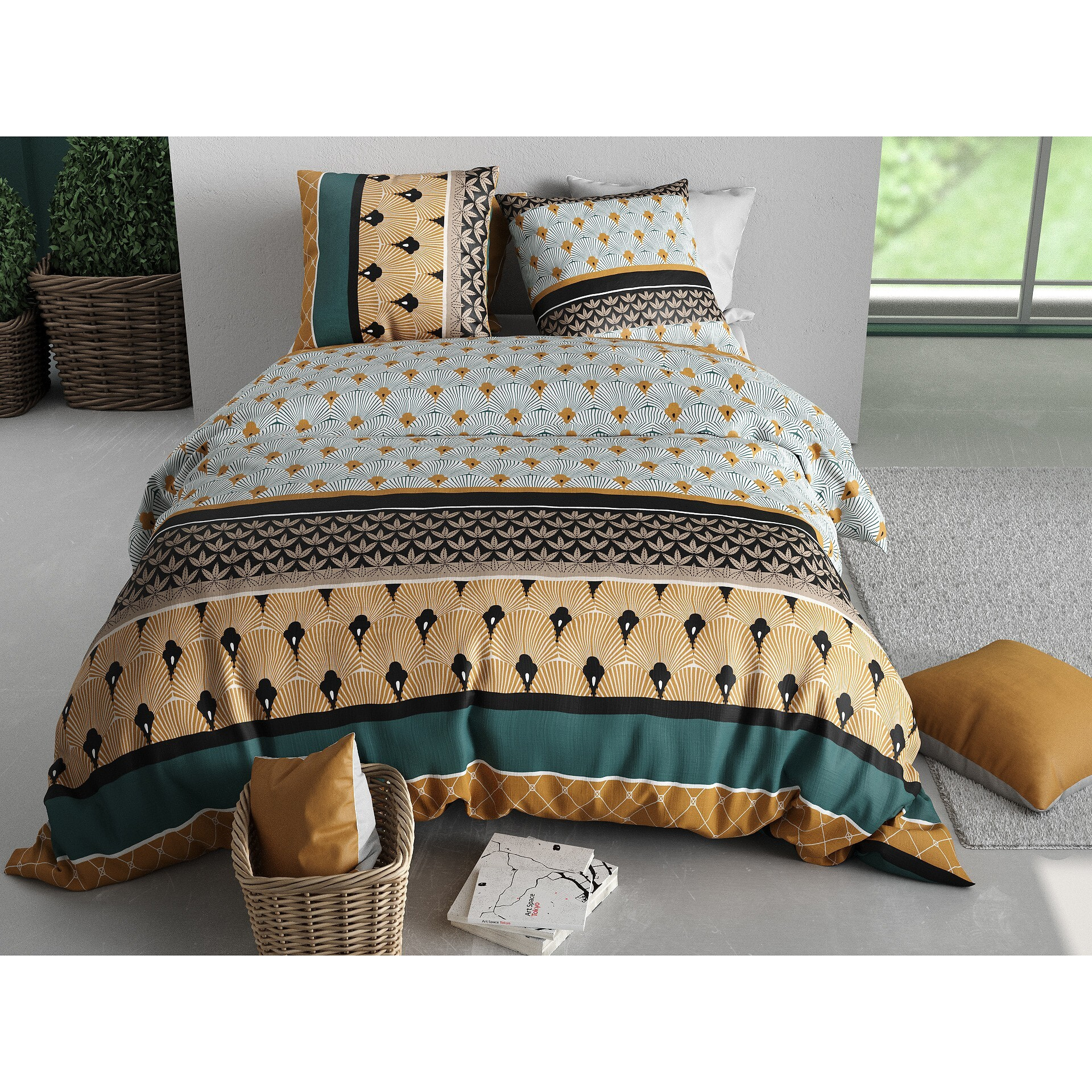 Parure housse de couette imprimée 220x240cm + 2 Taies 100% coton 57fils PALUM