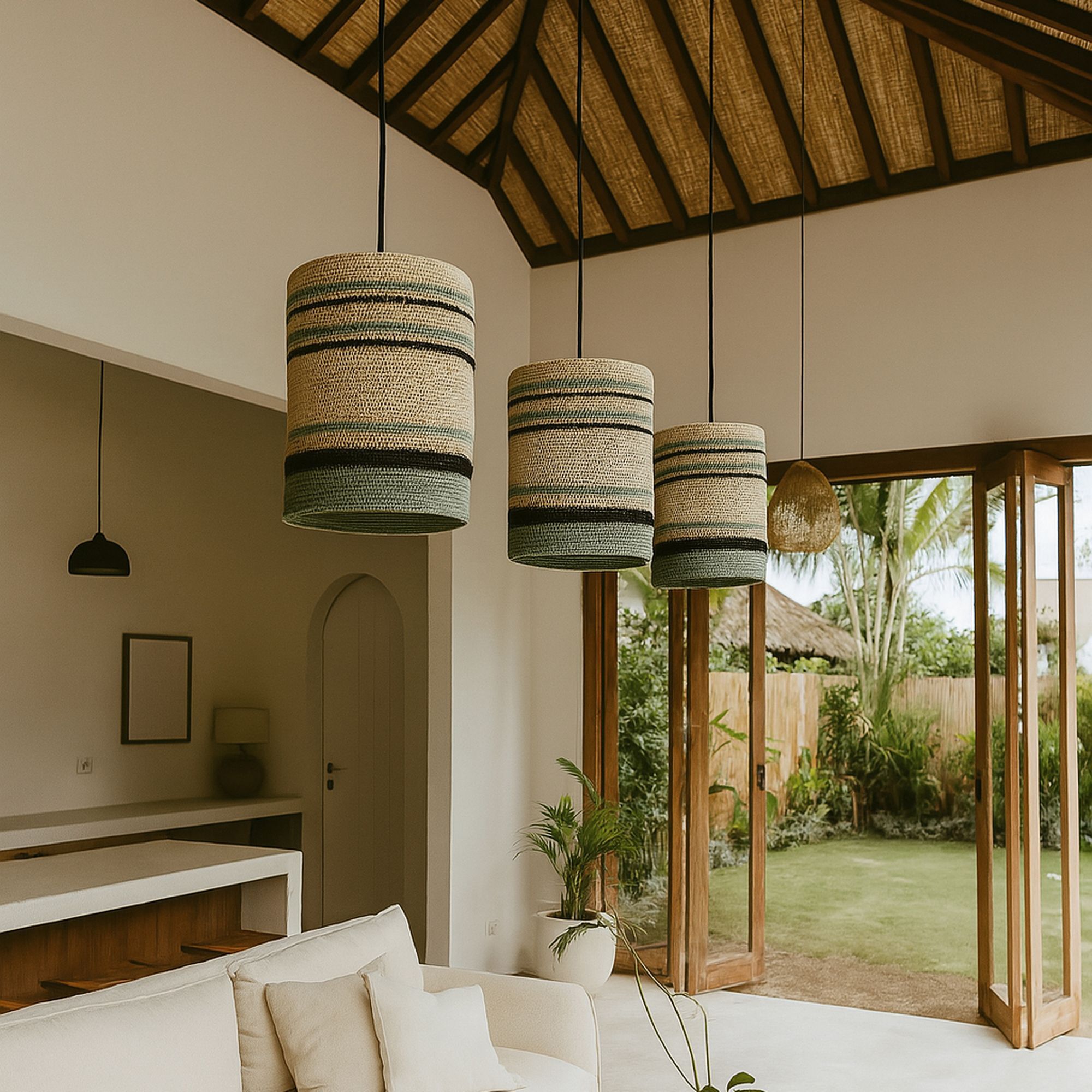 Suspension en jonc de mer naturel et vert BARBADE