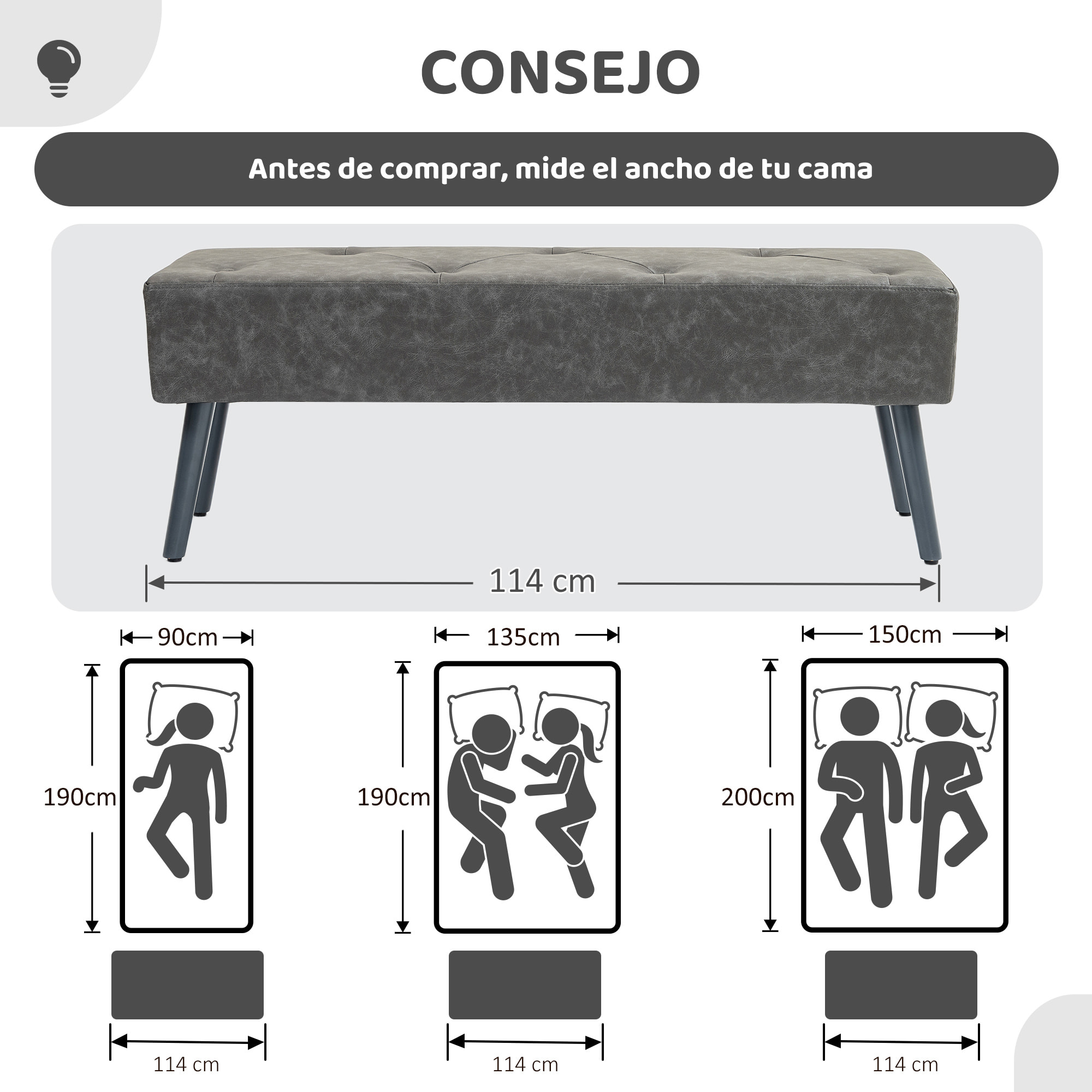 Taburete Pie de Cama Multifuncional Banco Pie de Cama Clásico Banqueta de Dormitorio con Pies de Madera y Asiento Acolchado Carga 220 kg para Entrada Pasillo 114x38x42 cm Gris