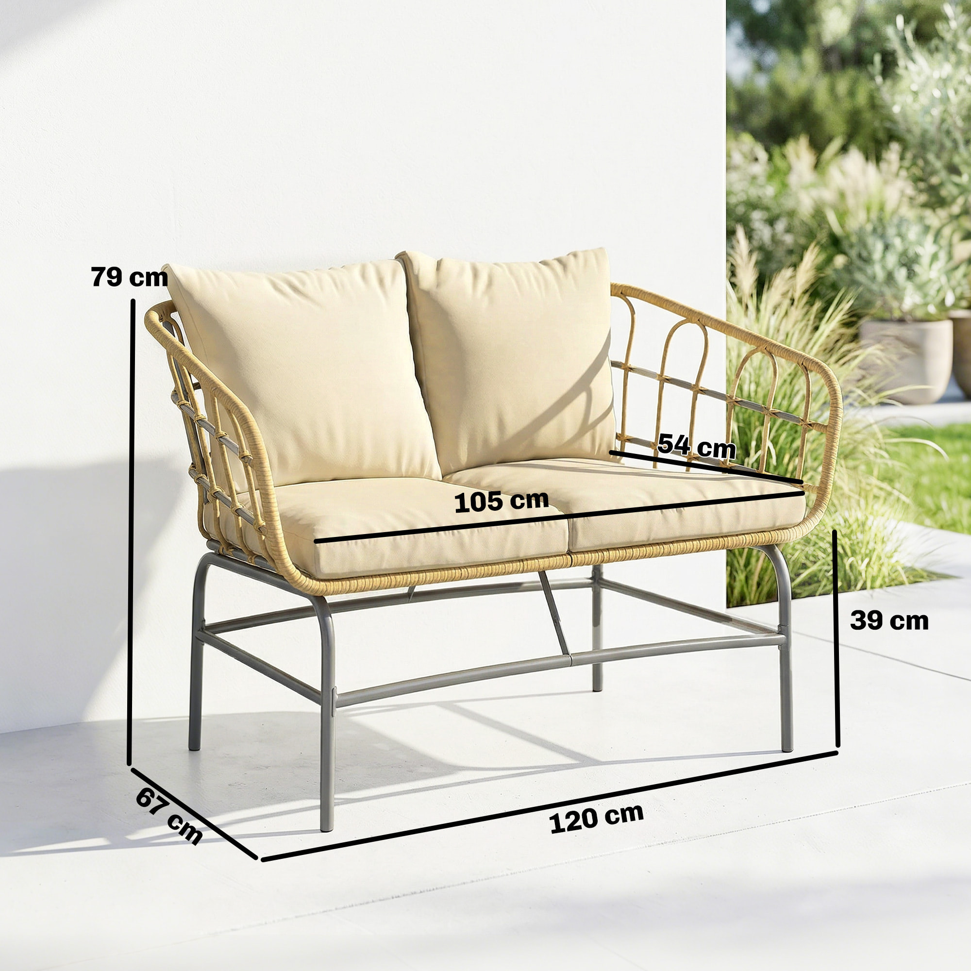 Canapé de jardin 2 places design résine filaire effet rotin naturel métal noir