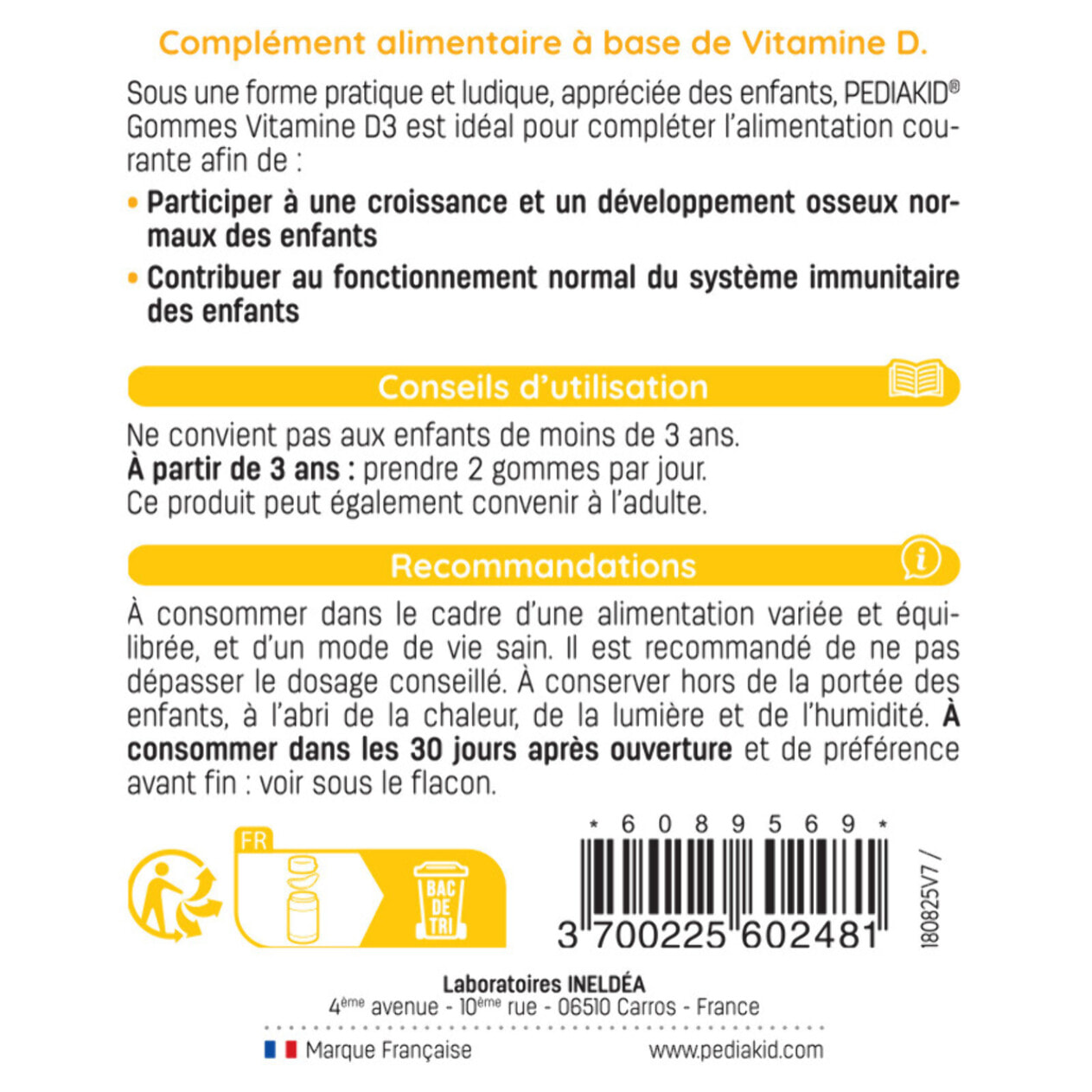 PEDIAKID - Gommes Vitamine D3 - Renforcement des défenses naturelles - Croissance & résistance - Dès 3 ans - Goût Fraise - Couvre 100% des apports journaliers recommandés - Lot de 3 Piluliers