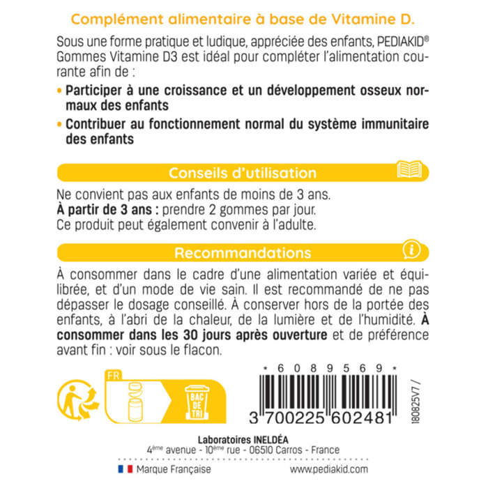PEDIAKID - Gommes Vitamine D3 - Renforcement des défenses naturelles - Croissance & résistance - Dès 3 ans - Goût Fraise - Couvre 100% des apports journaliers recommandés - Lot de 3 Piluliers