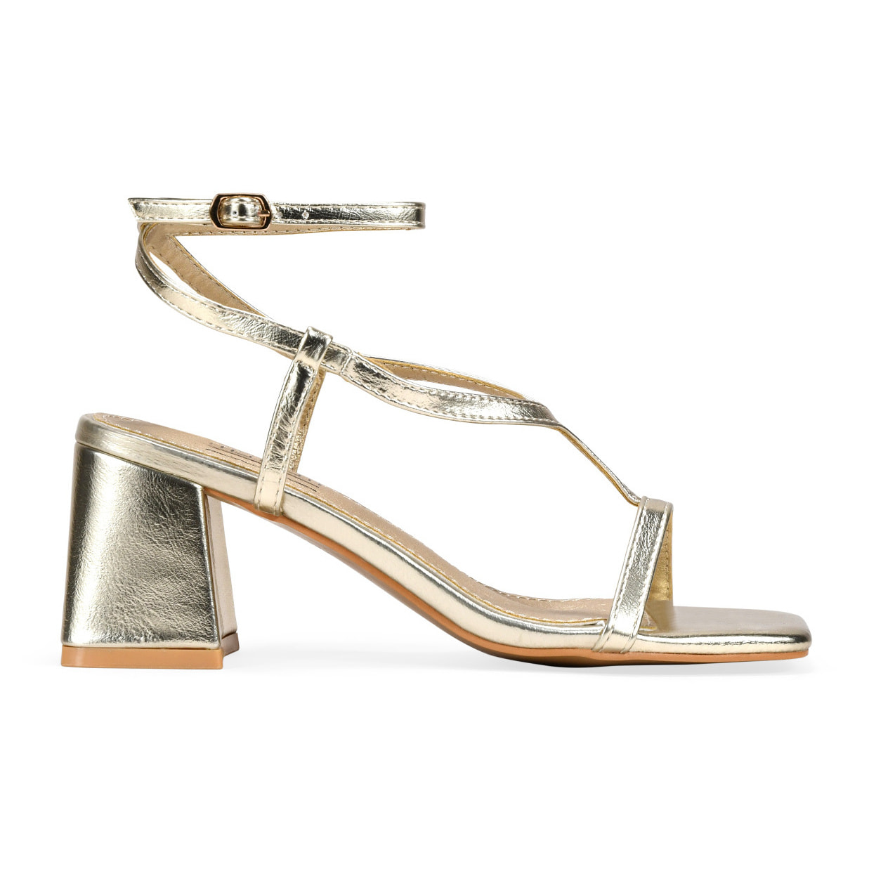 Sandalias de tacón doradas con pulsera y hebilla