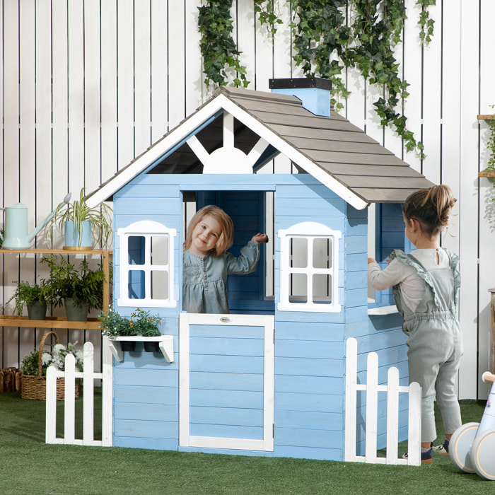 Casa de Madera Infantil Casa de Juegos Exterior para Niños de 3-7 Años con Puerta Ventanas Macetas y Vallas Laterales 151x112,5x142 cm Azul