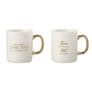 J-Line tasse Message Positif - porcelaine - blanc/or - 2 pcs