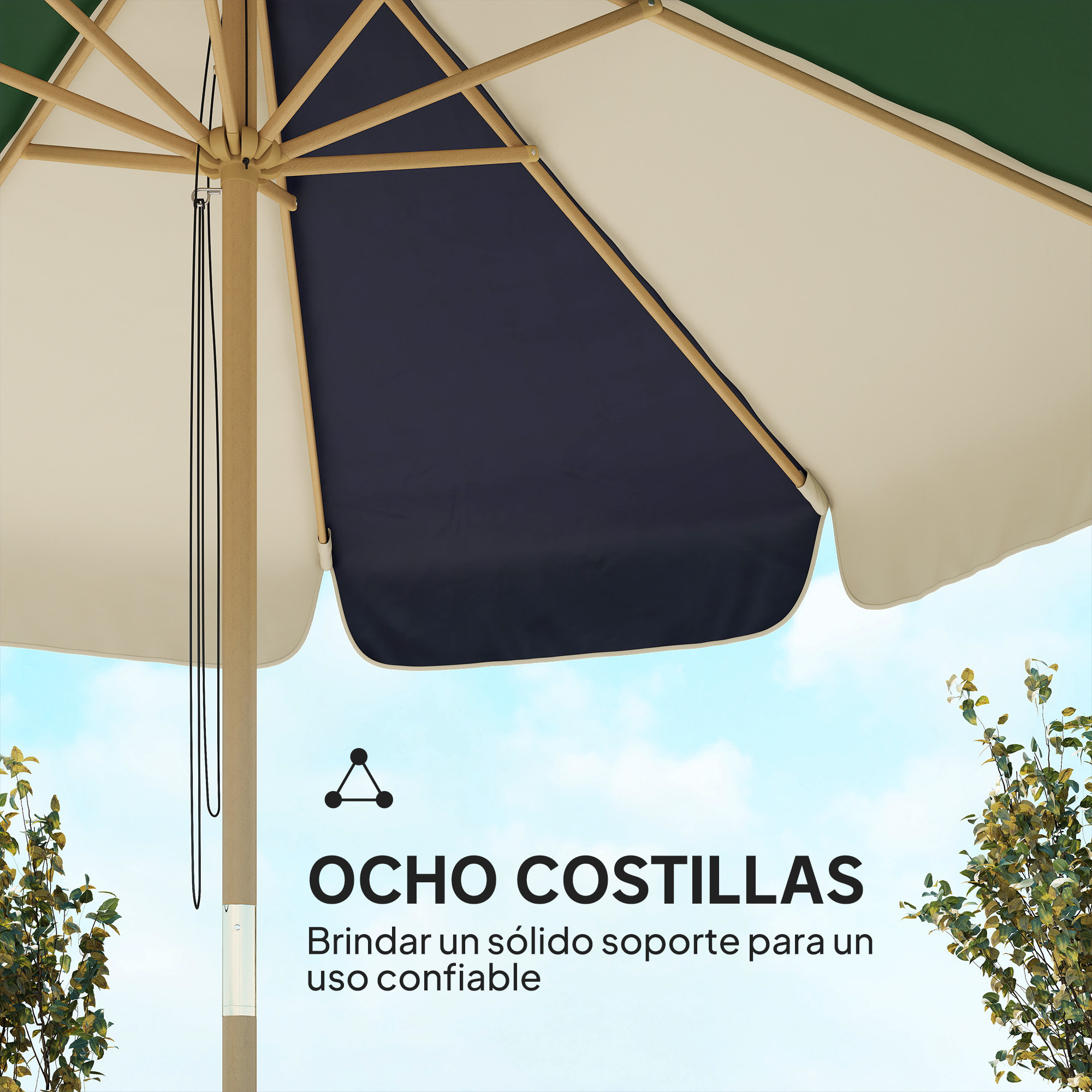 Sombrilla Terraza Exterior, Ø2,3 m, Sombrilla de Jardín con Marco de Efecto Madera, Polea con Cuerda, Dosel Bicolor, UPF30+, Parasol para Playa, Patio, Terraza, Verde Oscuro