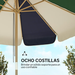 Sombrilla Terraza Exterior, Ø2,3 m, Sombrilla de Jardín con Marco de Efecto Madera, Polea con Cuerda, Dosel Bicolor, UPF30+, Parasol para Playa, Patio, Terraza, Verde Oscuro