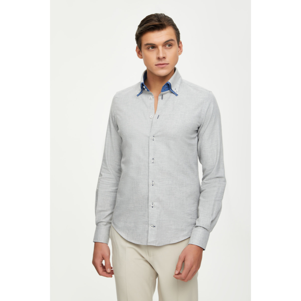 Camicia Uomo 2bottoni Button Down Doppio Collo Slim Flanella Unita Grigio
