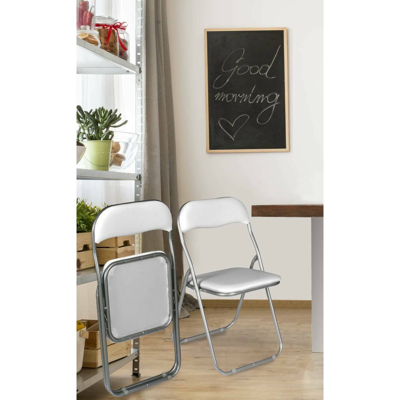 Set di 2 sedie pieghevoli Antenore, Poltrona salvaspazio, Sedia per ospiti, Seduta per riunioni in simil ecopelle, 43x47h80 cm, Bianco