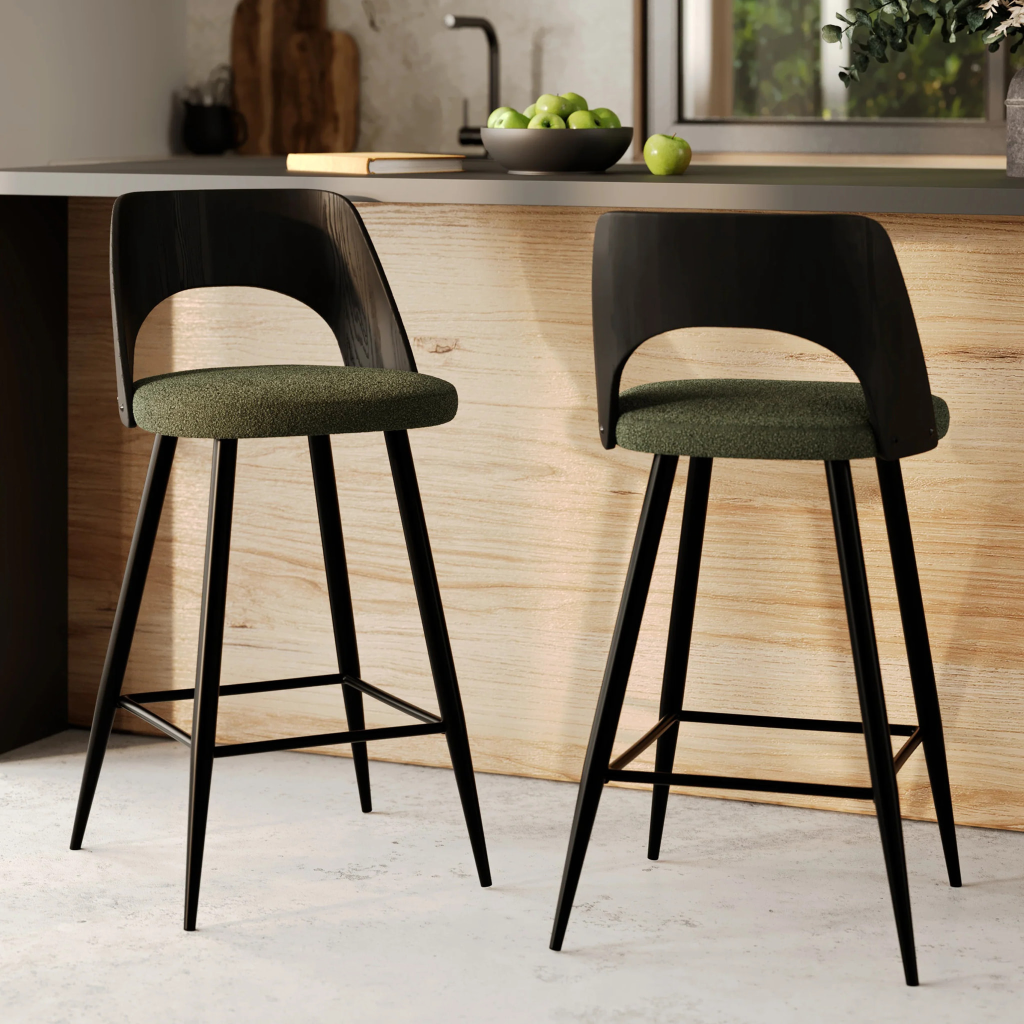 Lot de 2 chaises pour îlot central en tissu bouclé vert kaki 66 cm - Mindy