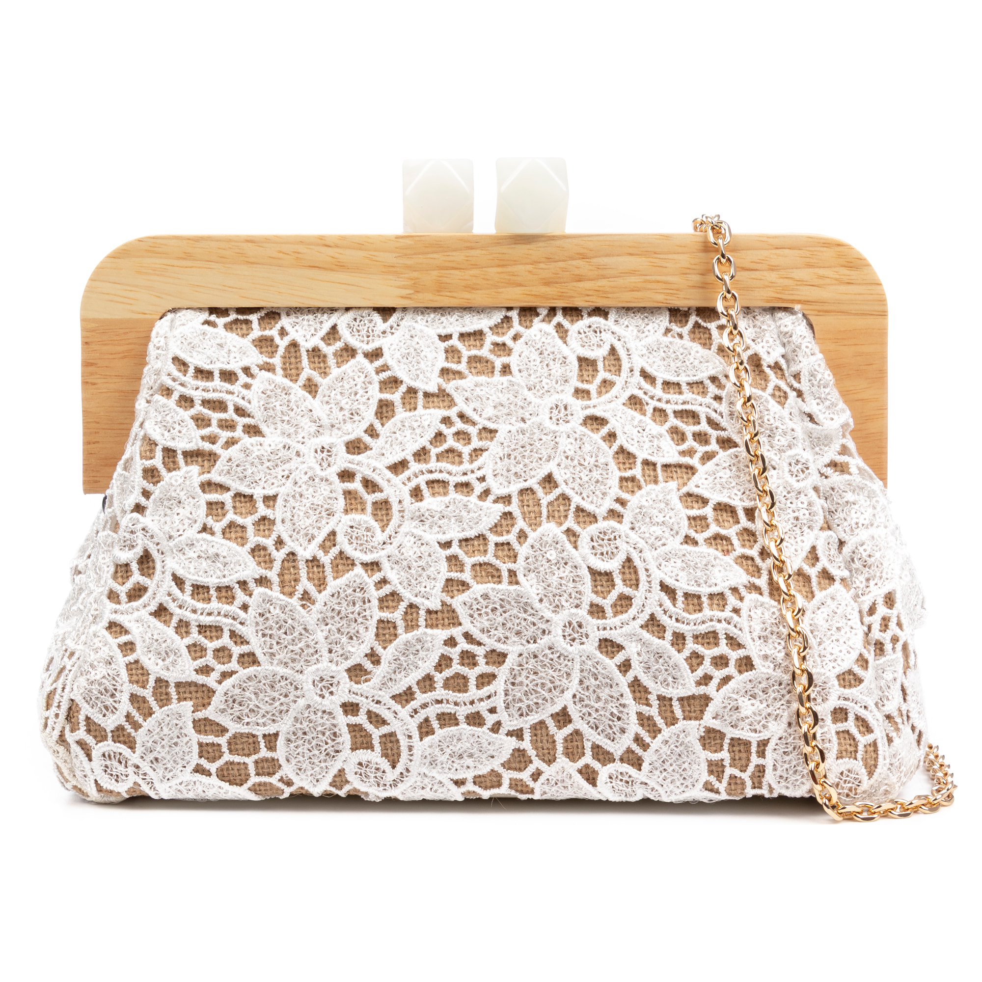 Borbera Borsa a tracolla Donna. Realizzato in legno naturale, cotone e juta con design in rete di tessuto floreale.