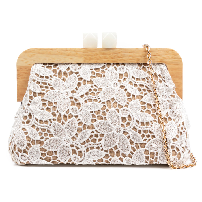 Borbera Borsa a tracolla Donna. Realizzato in legno naturale, cotone e juta con design in rete di tessuto floreale.