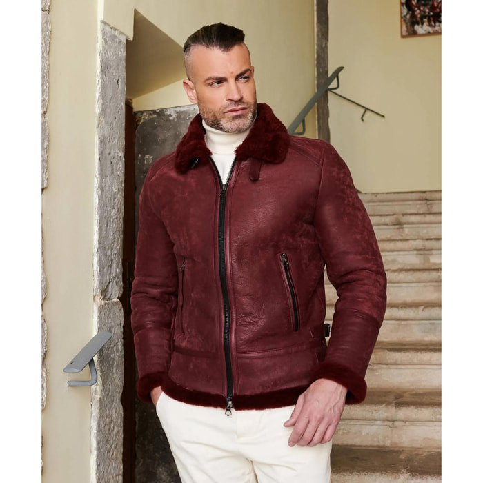 Montone bordeaux Shearling biker uomo collo camicia con fibbia