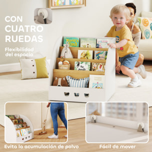Estantería Infantil para Juguetes con Compartimento Oculto Organizador de Juguetes de 4 Niveles con Ruedas para Habitación Infantil Sala de Juegos Guardería Blanco y Natural