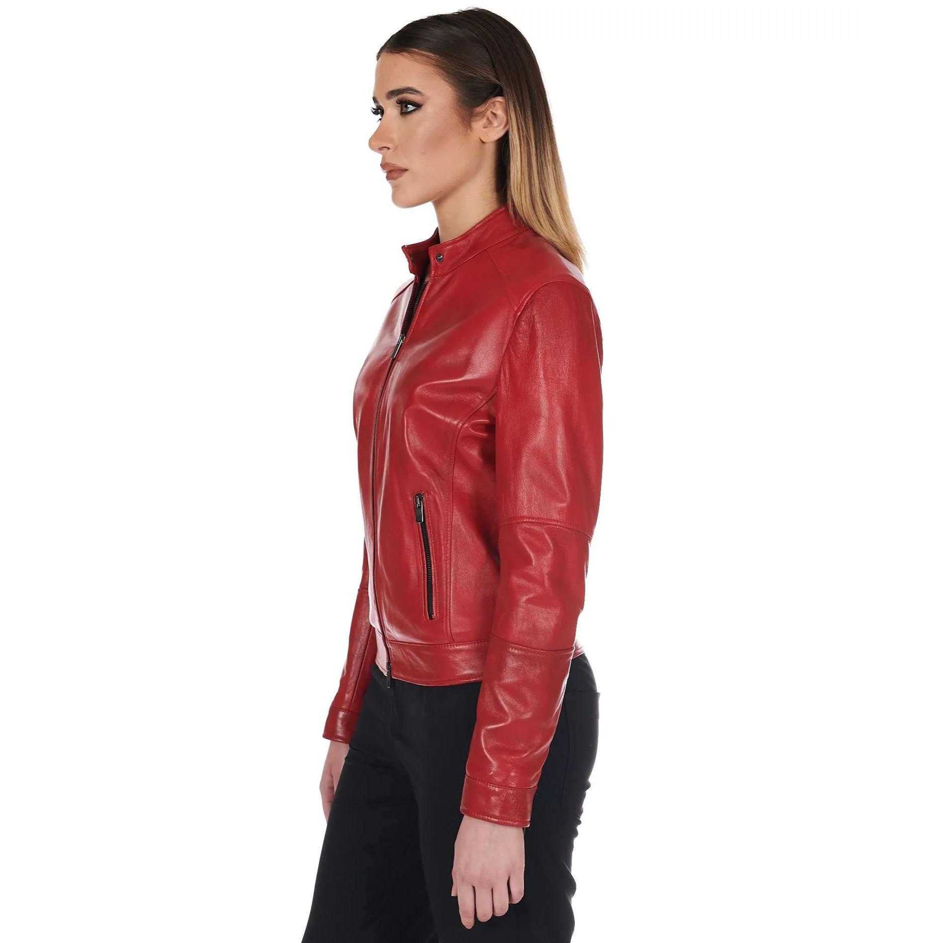 Giacca biker in pelle rossa nappa effetto liscio