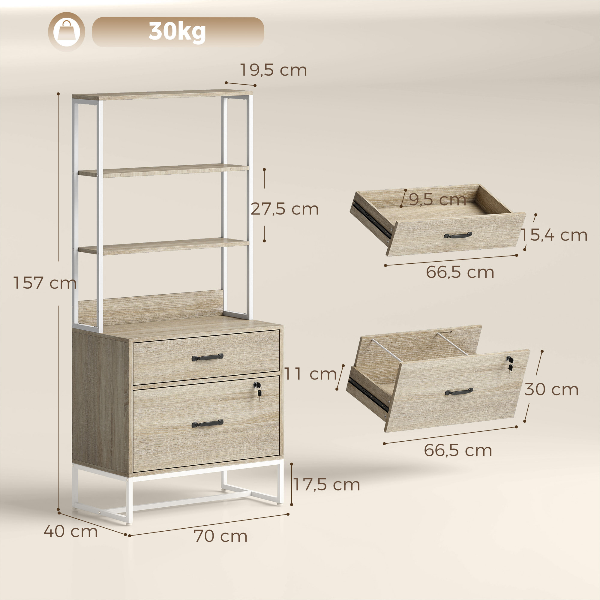 Cajonera Escritorio con Estantería, Mueble Archivador con 2 Cajones, Encimera para Impresora, Cerradura, para A4 Letter Legal, para Oficina, Estudio, Roble