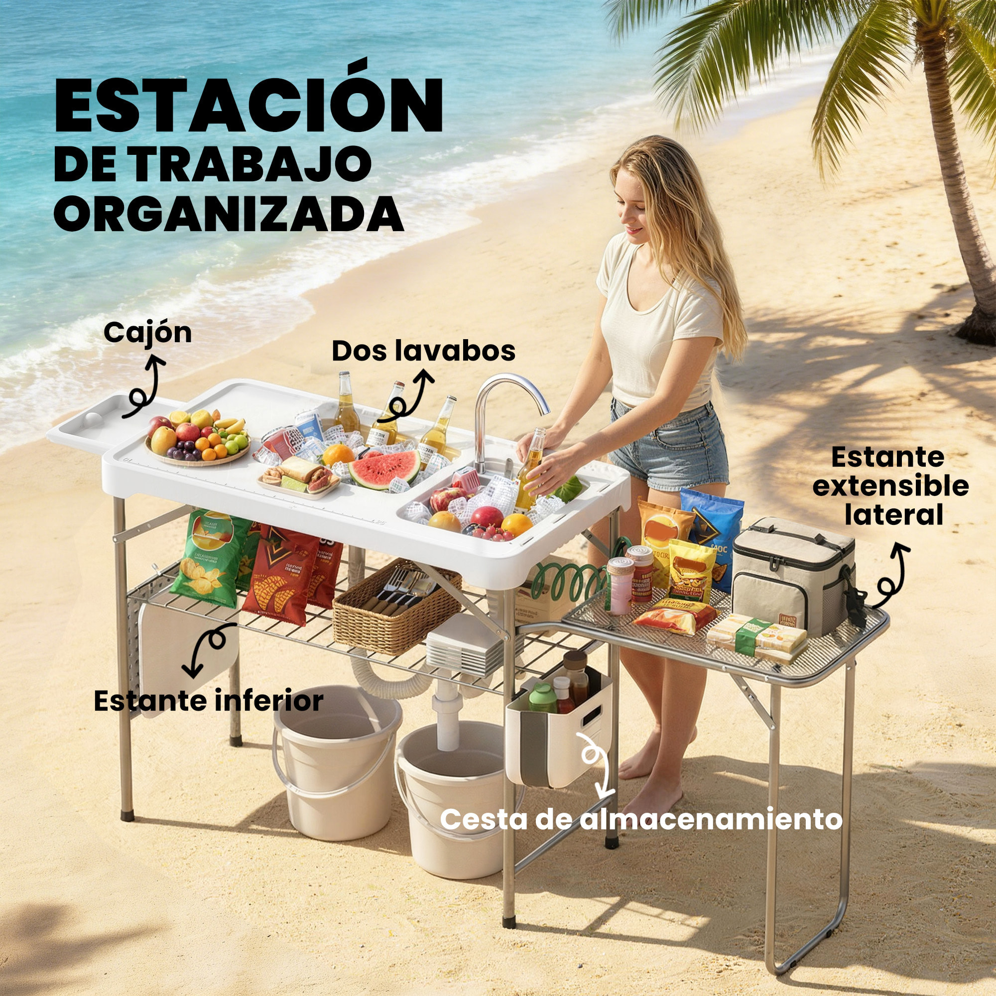Mesa de Limpieza de Pescado Portátil, Mesa Plegable Camping con 2 Fregaderos, Grifo, Manguera, Estante Lateral, Rejilla, Cajón, Cesta, Regla, Ranuras, Estación de Limpieza para Pesca Barbacoa